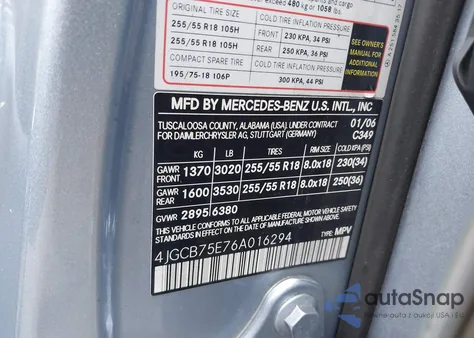 2006 Mercedes-Benz R 500 4Matic z USA, uszkodzony, nr VIN 4JGCB75E76A016294